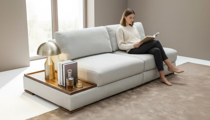Elegancka, nowoczesna miękka sofa do 2 sypialni ze zintegrowanym drewnianym stołem i sofą