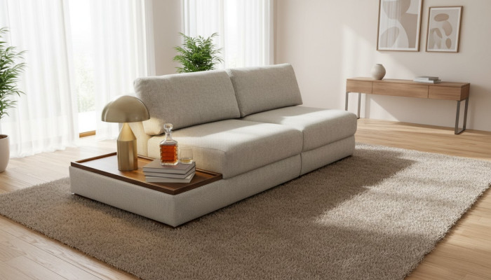 Elegancka, nowoczesna miękka sofa do 2 sypialni ze zintegrowanym drewnianym stołem i sofą