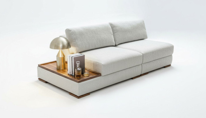 Elegancka, nowoczesna miękka sofa do 2 sypialni ze zintegrowanym drewnianym stołem i sofą