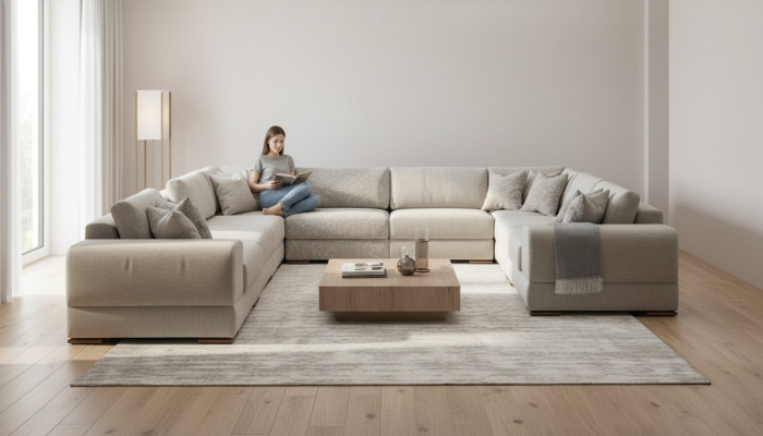 Narożnikowa kanapa Kształt U Szara Sofa Kanapa Luxury Design Meble Żywy krajobraz Materiał