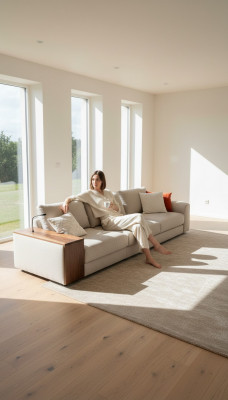 Wygodna 5-miejscowa sofa do siedzenia w prostym beżowym kolorze i nowoczesnym designie