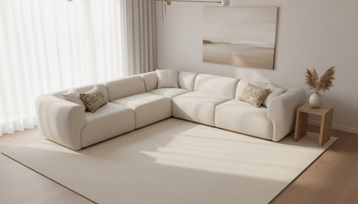 Narożnikowa kanapa Sofa do Salonu Beżowa Kanapa w Kształcie L Nowoczesne Meble Włókiennicze