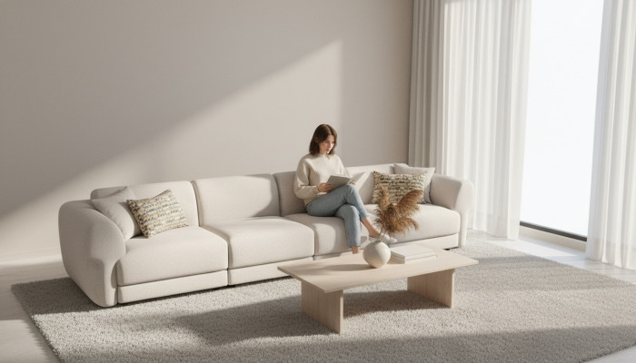 Duża, beżowa, atrakcyjna sofa z 6 sypialniami, o prostym designie i wykonana z najwyższej jakości materiałów