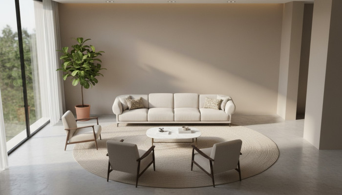 Duża, beżowa, atrakcyjna sofa z 6 sypialniami, o prostym designie i wykonana z najwyższej jakości materiałów