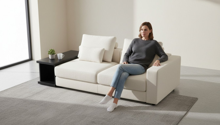 Biała, luksusowa, trzyosobowa sofa tapicerowana, meble do salonu, sofy tekstylne
