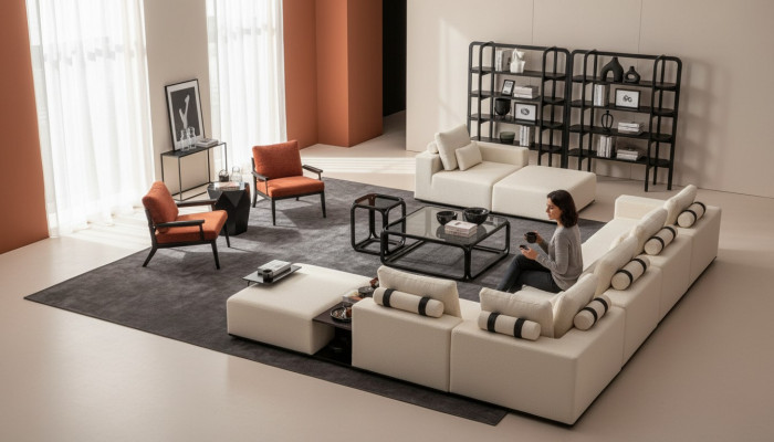 Nowoczesny Biały Zestaw sofowy Narożnikowa kanapa Żywy krajobraz Fotel 4tlg Materiał Sofa