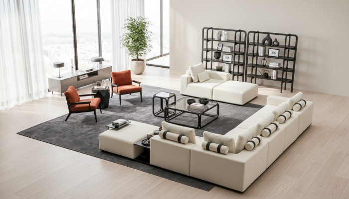 Nowoczesny Biały Zestaw sofowy Narożnikowa kanapa Żywy krajobraz Fotel 4tlg Materiał Sofa