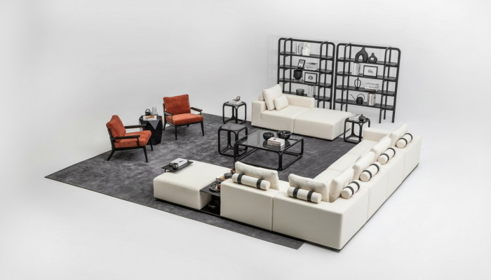 Nowoczesny Biały Zestaw sofowy Narożnikowa kanapa Żywy krajobraz Fotel 4tlg Materiał Sofa