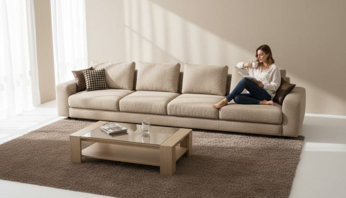 Duża beżowa sofa Meble tapicerowane sześciomiejscowy designerski komplet wypoczynkowy Włókienniczy