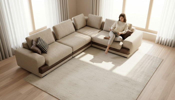 Beżowa Narożnikowa kanapa Podkładka Zestaw narożny Sofa w kształcie litery L Nowoczesna kanapa Żywy krajobraz