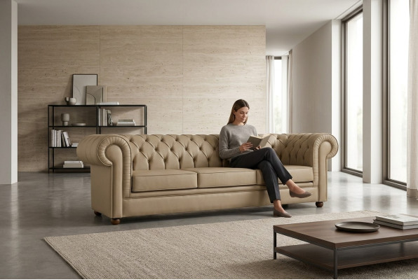 Beżowy Chesterfield Trzyosobowa Sofa Biurowa Sofy Tapicerowane Luksusowe Meble