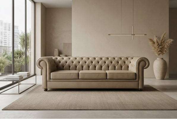 Beżowy Chesterfield Trzyosobowa Sofa Biurowa Sofy Tapicerowane Luksusowe Meble