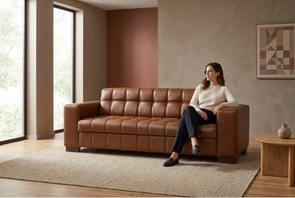 Brązowa, trzyosobowa, luksusowa sofa, meble biurowe, aranżacja biura, projekt biura