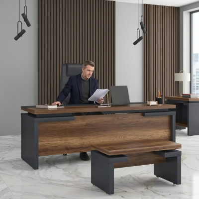 Brązowe Szare Biurko 220x90cm Luksusowe Biurko Gabinetowe Tabela