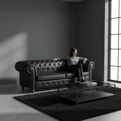 Trzyosobowa kanapa biurowa Black Chesterfield luksusowe miejsce do siedzenia