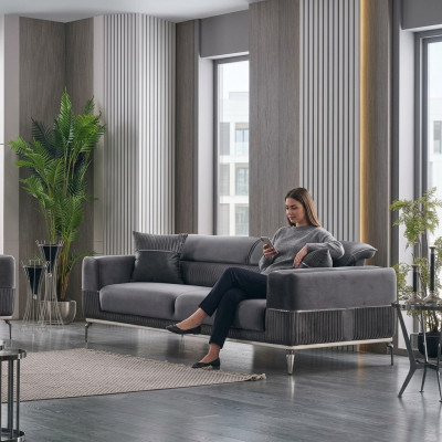 Szara Sofa 3 Siedziba Trzyosobowa Luksusowa Sofa Szare Meble Podkładka Włókienniczy Aksamit