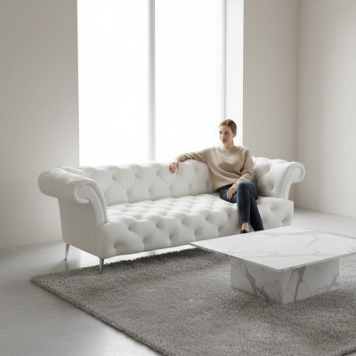 Sofa Chesterfield 3 miejsce do siedzenia luksusowa kanapa sztuczna skóra sofy Biała skórzana sofa