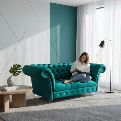 Chesterfield Luxury Sofa 2 miejsce do siedzenia Włókienniczy Couch Blue Sofas Green Couches