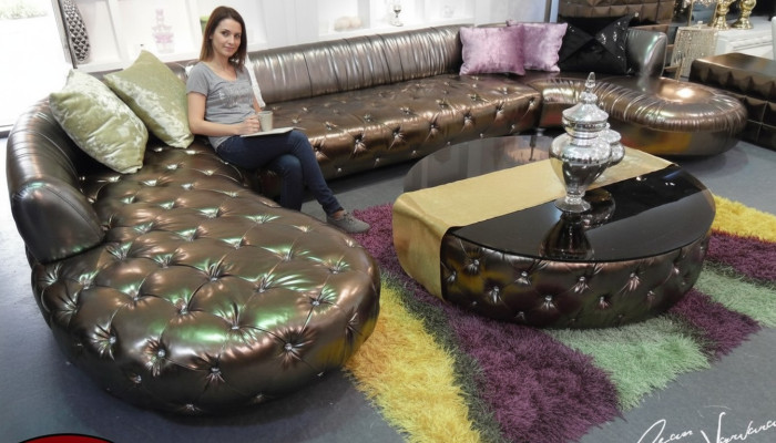 Chesterfield Narożnikowa kanapa Luksusowa kanapa w kształcie litery U Żywy krajobraz Gold Zestaw narożny
