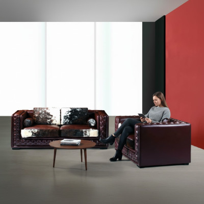Ciemnoczerwony Chesterfield Zestaw sofowy 3+2 miejsce siedzące 2szt. Zestaw Skóra do skóry kucyka