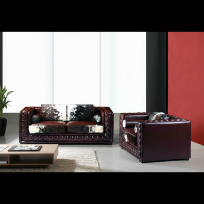 Ciemnoczerwony Chesterfield Zestaw sofowy 3+2 miejsce siedzące 2szt. Zestaw Skóra do skóry kucyka