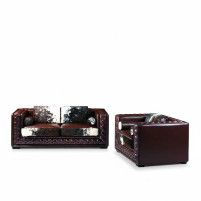Ciemnoczerwony Chesterfield Zestaw sofowy 3+2 miejsce siedzące 2szt. Zestaw Skóra do skóry kucyka