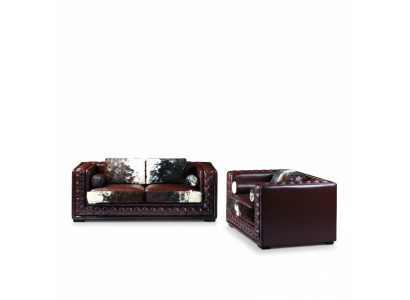 Ciemnoczerwony Chesterfield Zestaw sofowy 3+2 miejsce siedzące 2szt. Zestaw Skóra do skóry kucyka