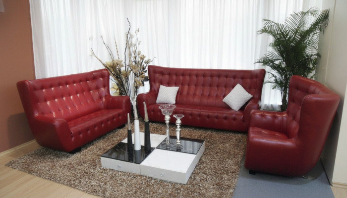 Zestaw sofowy Chesterfield Fotel komplet wypoczynkowy 3-częściowa skórzana sofa Czerwony Modern