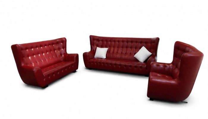 Zestaw sofowy Chesterfield Fotel komplet wypoczynkowy 3-częściowa skórzana sofa Czerwony Modern