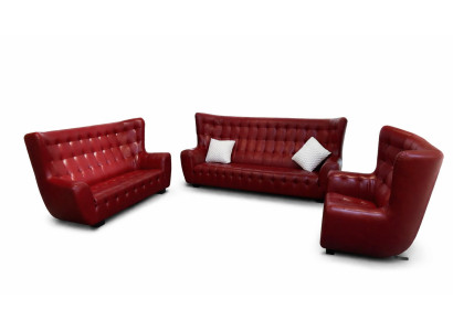 Zestaw sofowy Chesterfield Fotel komplet wypoczynkowy 3-częściowa skórzana sofa Czerwony Modern