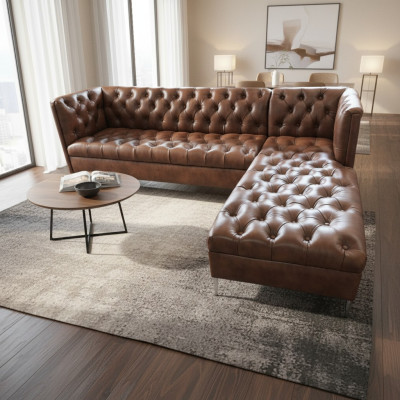 Chesterfield Narożnikowa kanapa Skóra w kształcie litery L luksusowa kanapa skórzana sofa Zestaw narożny