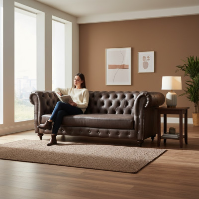Sofa 3 miejsce do siedzenia Chesterfield Couch Prawdziwa skóra Sofy Brown Couches Meble