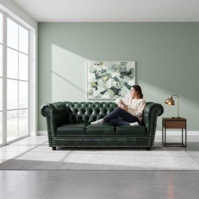 Sofa Chesterfield Trzyosobowa Prawdziwa skóra Sofa Sofa Skórzana Zielona 230cm Meble