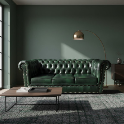Sofa Chesterfield Trzyosobowa Prawdziwa skóra Sofa Sofa Skórzana Zielona 230cm Meble