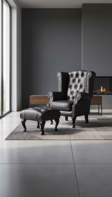 Luxury EarsFotel I Stołek Chesterfield Fotel Skóra Czarny Modern
