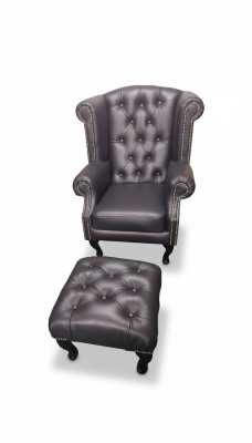 Luxury EarsFotel I Stołek Chesterfield Fotel Skóra Czarny Modern