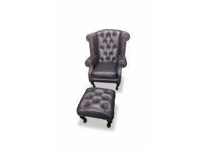 Luxury EarsFotel I Stołek Chesterfield Fotel Skóra Czarny Modern