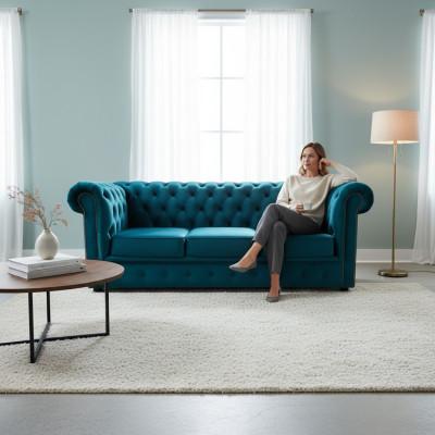 Chesterfield Sofa 3 miejsce do siedzenia Włókienniczy Kanapy Materiał Niebieskie Sofy Modern