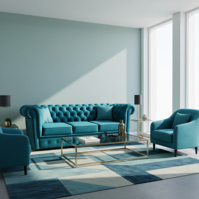 Chesterfield Sofa 3 miejsce do siedzenia Włókienniczy Kanapy Materiał Niebieskie Sofy Modern