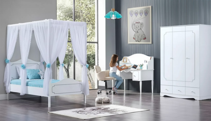 żłobek Sypialnia Łóżko z baldachimem 100x200cm Białe Drewno łóżka