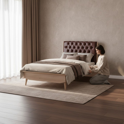 Łóżko Loft Drewno Chesterfield 100x200cm Rama łóżka Tapicerowana Zagłówek