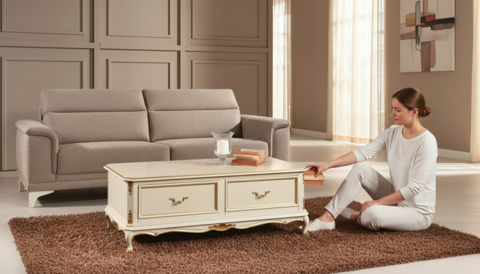 Designerski biały luksusowy stolik kawowy do salonu, klasyczny drewniany stół