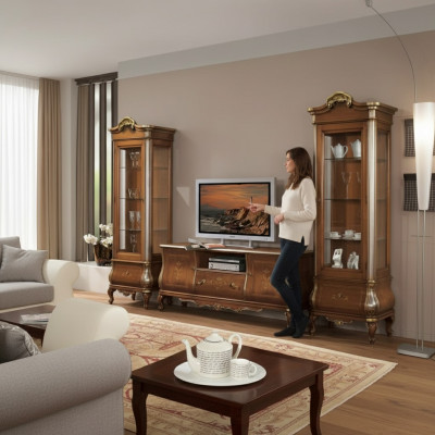 Klasyczna ścienna do salonu RTV 2x gabloty Solidne drewno Meble TV-Półka Nowość