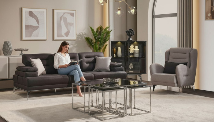 Zestaw sofowy 31 miejsce siedzące Obcios Sofa Fotel Materiał Czarny Nowoczesny zestaw