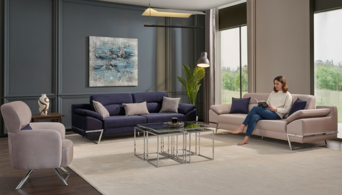 Luksusowy Zestaw sofowy 331 miejsce do siedzenia Sofa trzyosobowa Fotel Material Blue Modern