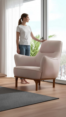 Nowoczesny Fotel CocktailFotel EarsFotel Designerskie Meble Beżowe Meble Drewniane