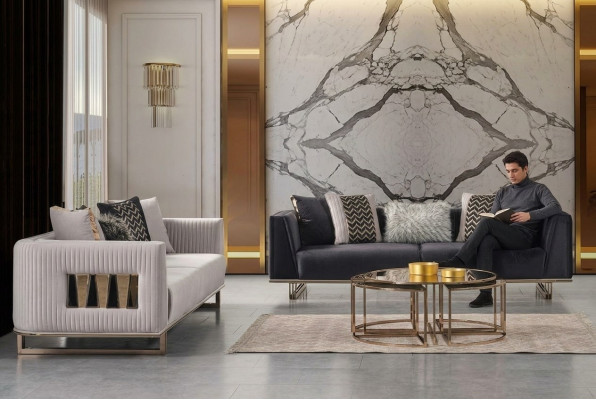Nowoczesna trzyosobowa sofa materiałowa w kolorze szaro-niebieskim. Zestaw 2-częściowej sofy