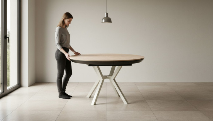 Nowoczesny Stół Kuchenny Stół Do Jadalni Możliwość przedłużenia Drewno Okrągłe Beż Tabela