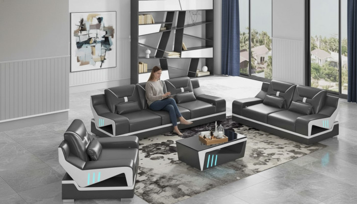 Luksusowy zestaw sofowy Kompletny zestaw wypoczynkowy Czarna sztuczna skóra Sofa 321