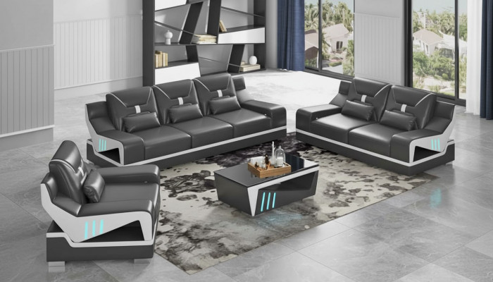 Luksusowy zestaw sofowy Kompletny zestaw wypoczynkowy Czarna sztuczna skóra Sofa 321
